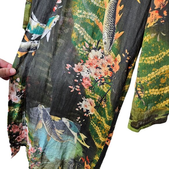 Citron Santa Monica Green Kimono Jacket Koi Cherry Blossom‎ Print L Open Front - Picture 4 of 7